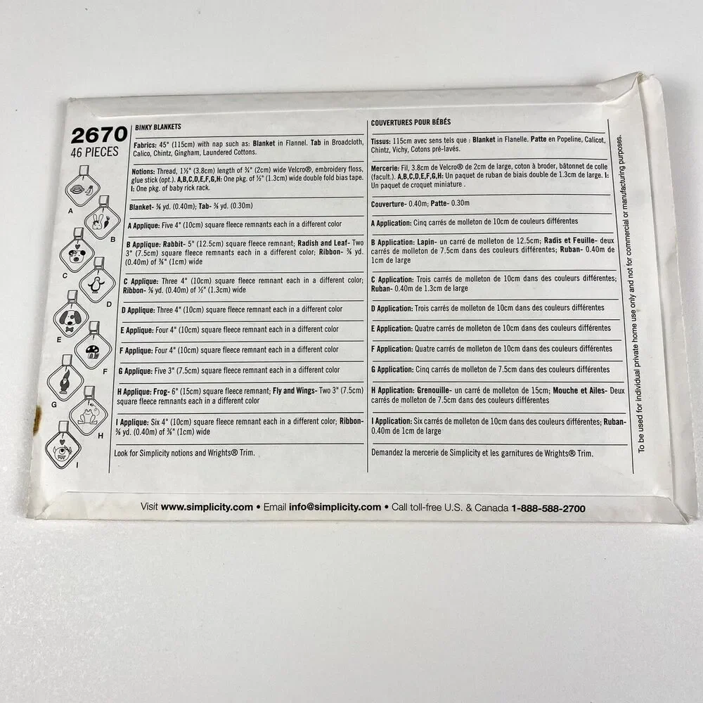 Simplicity 2670 Sewing Pattern Baby Binky Pacifier Blanket 9 Variations UNCUT FF